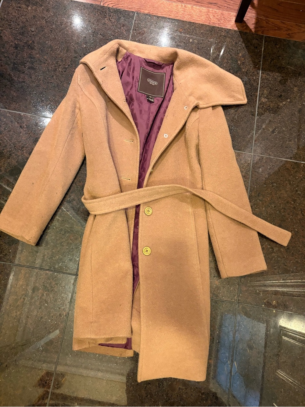 Coach Wool-Blend Camel Belted Coat with Quilted Lining
